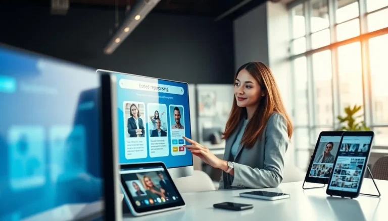 Woman interacting with digital display in office