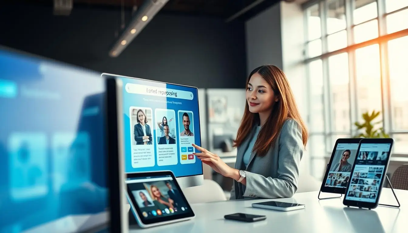 Woman interacting with digital display in office