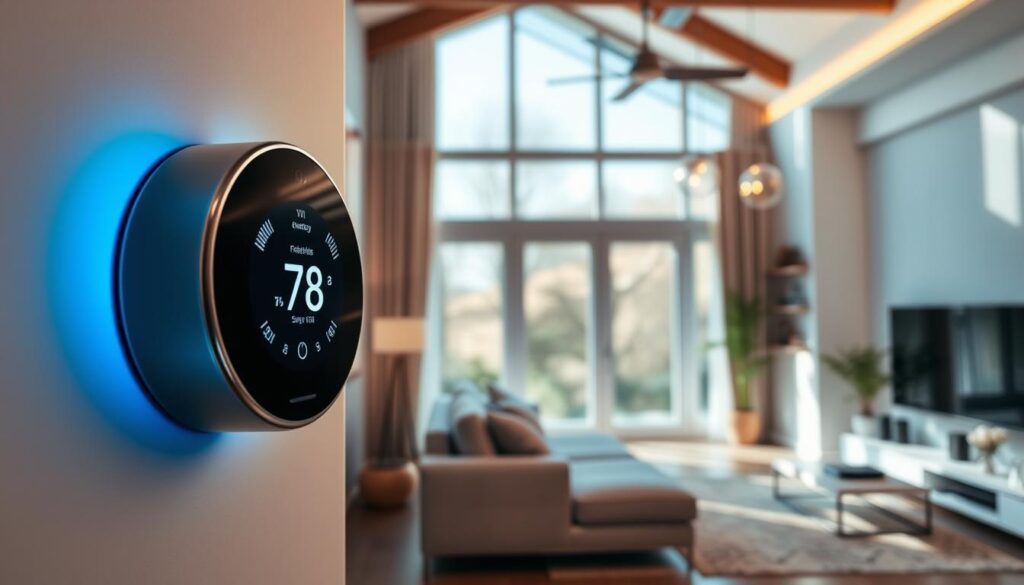 An aesthetically pleasing interior of a modern living room showcasing a smart thermostat mounted on the wall. In the foreground, the sleek black casing of the thermostat is illuminated with a soft blue glow, displaying energy savings metrics. In the middle ground, sunlight streams through large windows, highlighting a comfortable sofa and energy-efficient LED lights. In the background, a smart home system with interconnected devices hints at advanced technology, such as smart speakers and sensors. The scene conveys a sense of comfort and innovation, emphasizing energy efficiency and sustainability. Use a warm, inviting color palette with focused lighting that draws attention to the thermostat, creating a futuristic and eco-friendly atmosphere. The image should be clear and professional, ideal for an informative article.