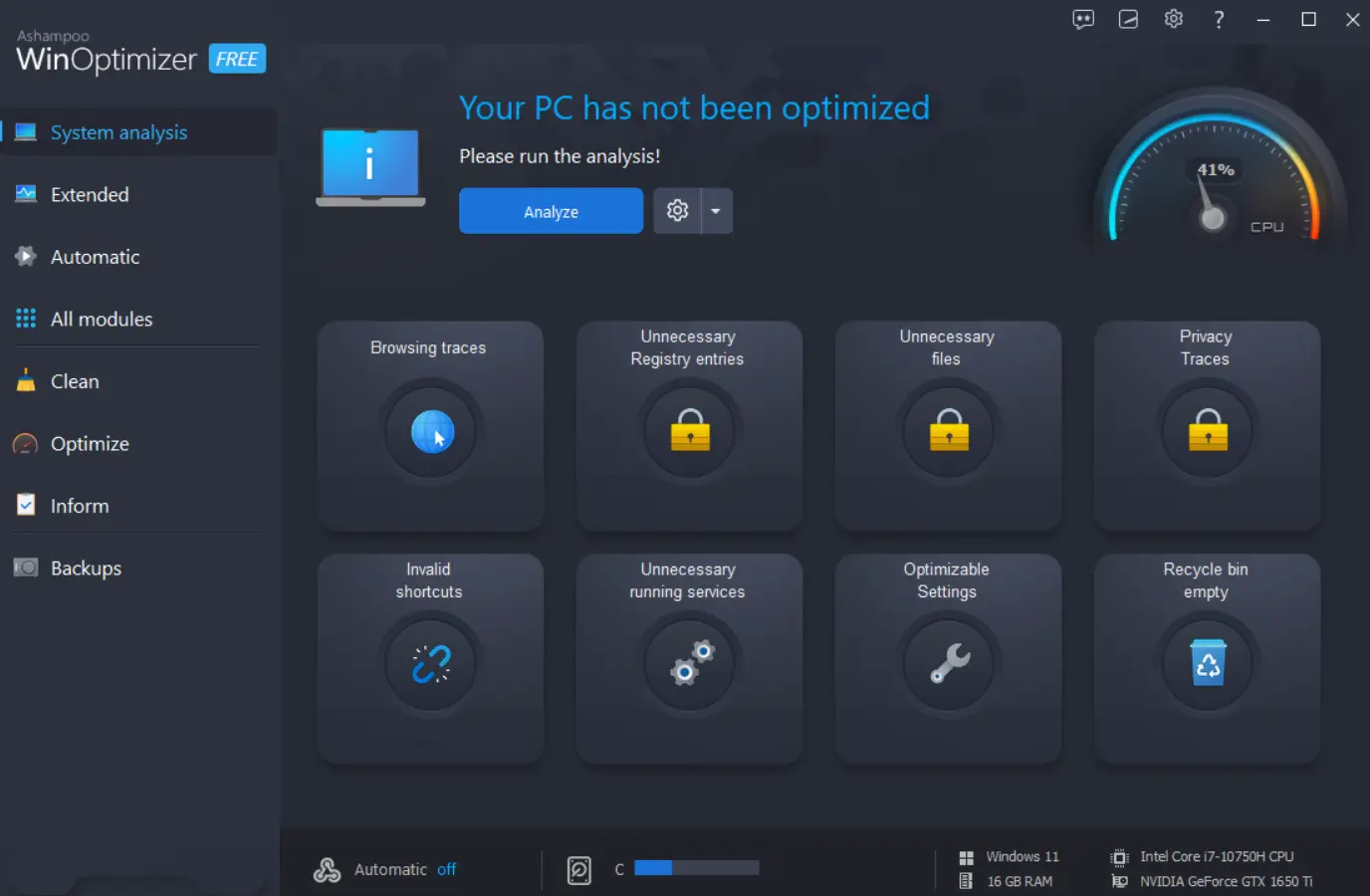 PC optimization software dashboard with analysis options