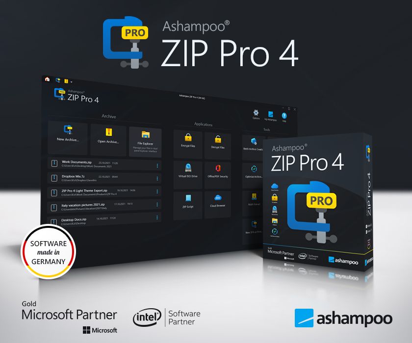 Ashampoo ZIP Pro 4 software interface and box