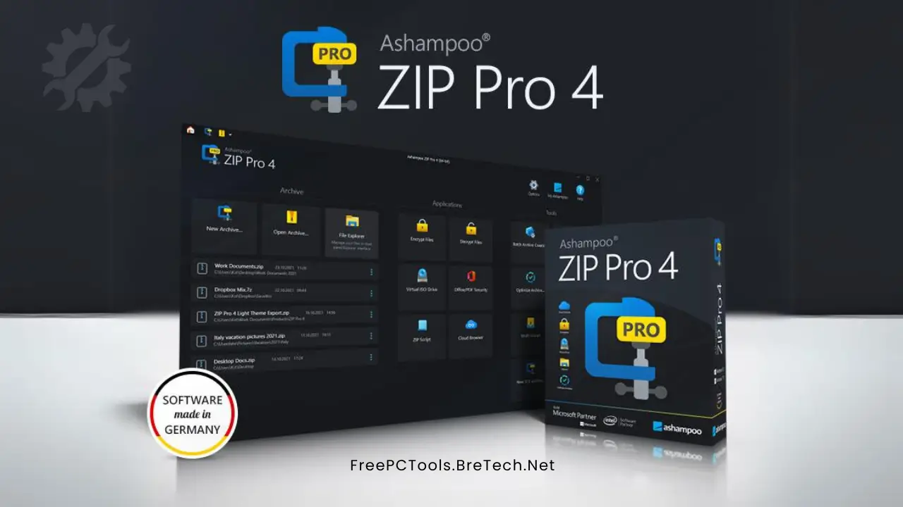 Ashampoo ZIP Pro 4 software display and box.
