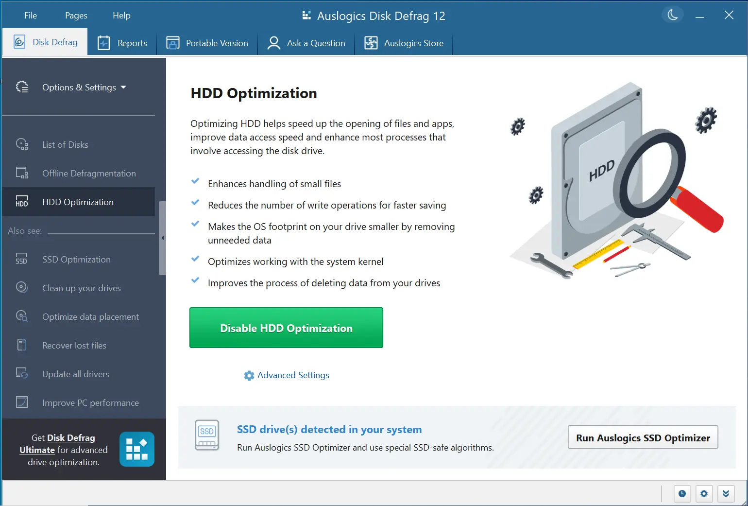 Auslogics Disk Defrag HDD optimization screen.