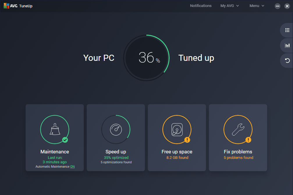 AVG TuneUp dashboard showing PC optimization status.