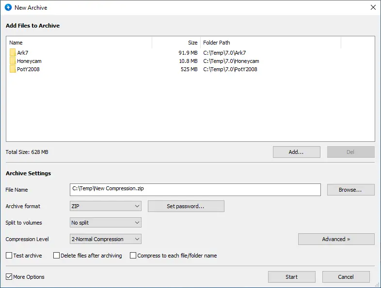Screenshot of file compression settings interface.