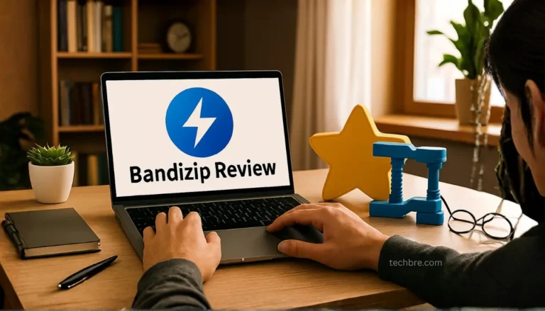 Person reviewing Bandizip software on laptop