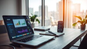 Office desk with laptop, phone, and notebook.