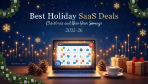 Holiday SaaS deals 2025-26 with laptop and gifts.