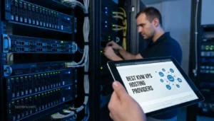 Server room with VPS hosting tablet.