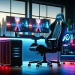 Modern gaming setup with RGB lighting and dual monitors