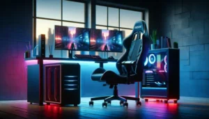 Modern gaming setup with RGB lighting and dual monitors