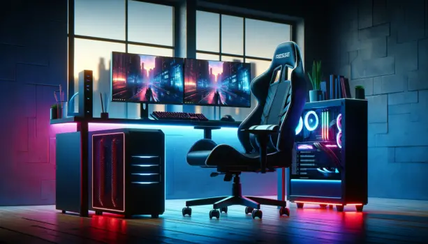 Modern gaming setup with RGB lighting and dual monitors