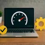 Laptop displaying performance gauge and settings icon.