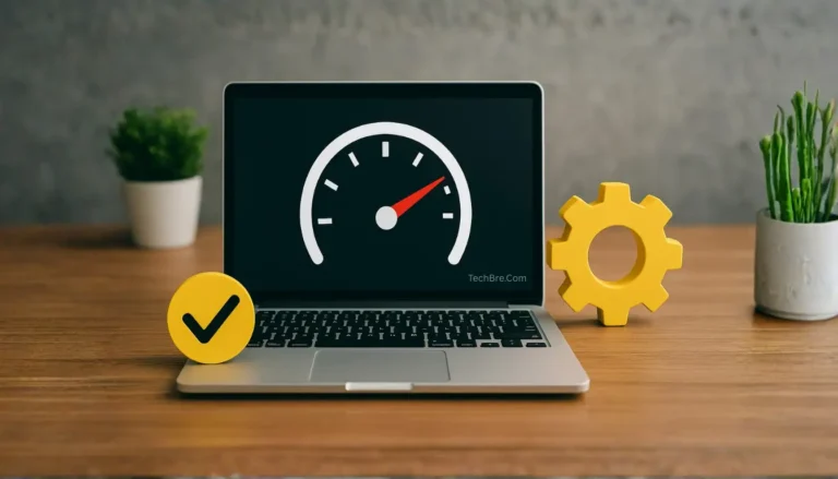 Laptop displaying performance gauge and settings icon.
