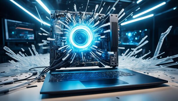 Futuristic computer with glowing tech design