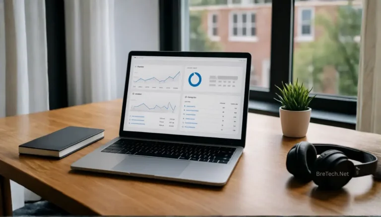 Laptop displaying analytics on a wooden desk
