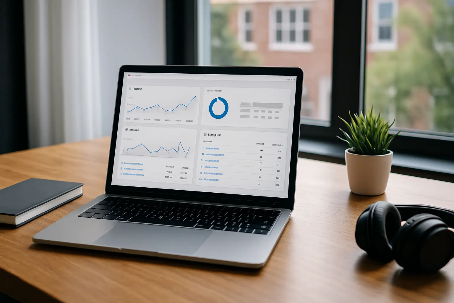 Laptop with data analytics dashboard on screen.