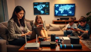 Family using technology in a modern living room