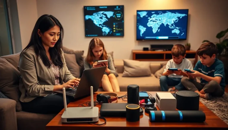 Family using technology in a modern living room