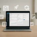 Laptop displaying analytics dashboard and icons.