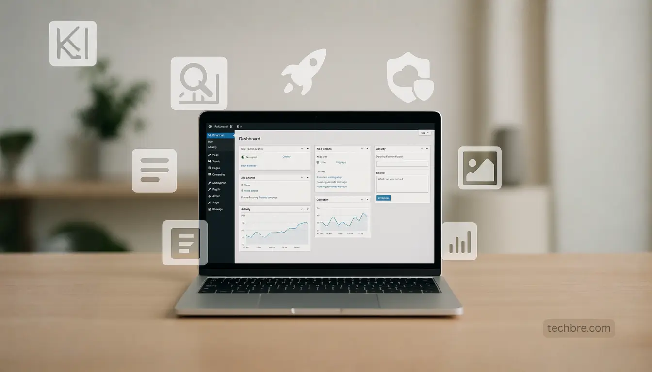 Laptop displaying analytics dashboard and icons.