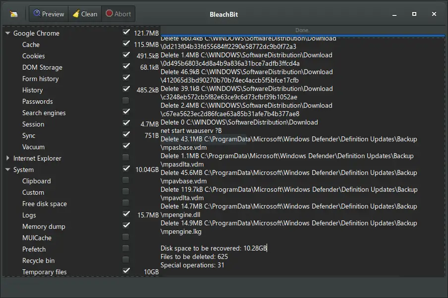BleachBit software cleaning system and browser files.
