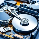 Close-up of an open hard drive mechanism