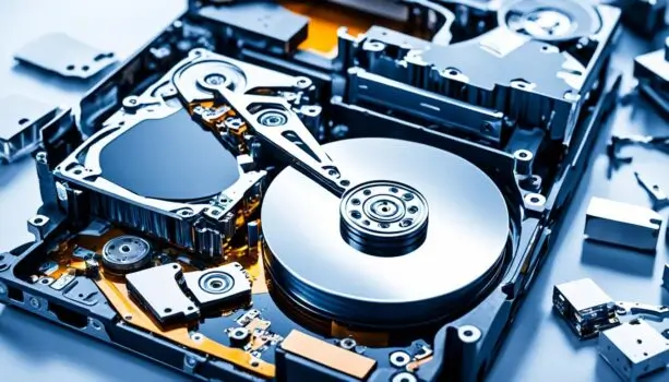 Close-up of an open hard drive mechanism