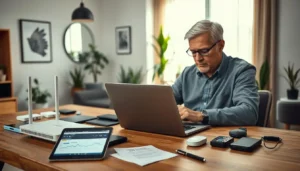Man working on laptop in home office setup.