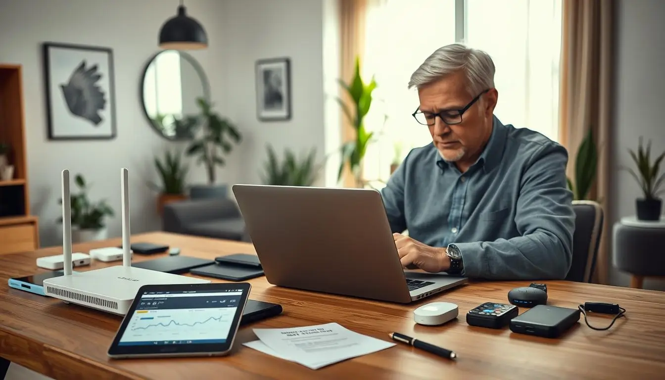 Man working on laptop in home office setup.