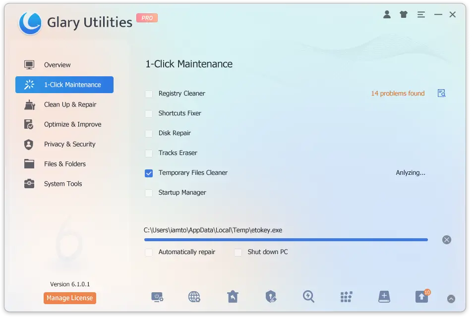 Glary Utilities 1-Click Maintenance screen interface.