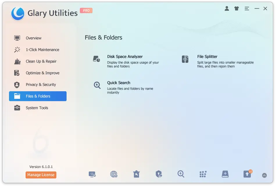 Glary Utilities Files and Folders tools interface.