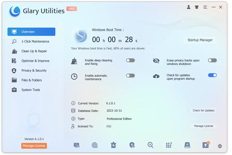 Glary Utilities dashboard with maintenance features.