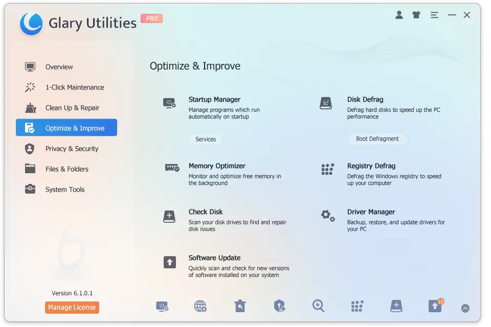 Glary Utilities software dashboard for PC optimization