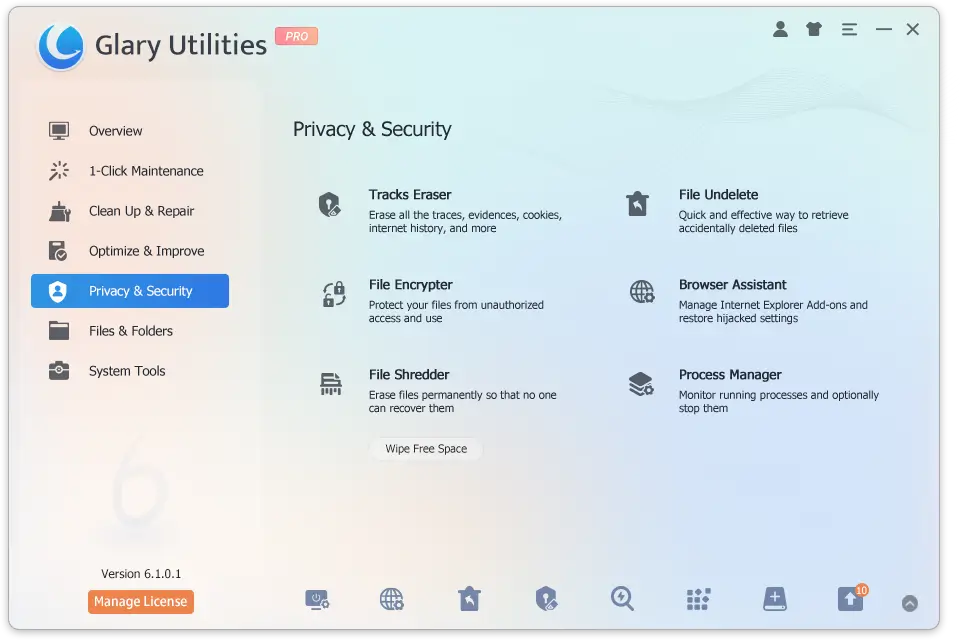 Glary Utilities privacy and security features page screenshot.