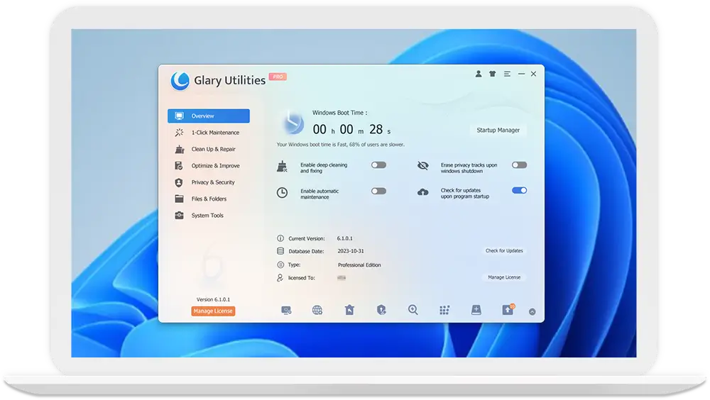 Glary Utilities software interface on laptop screen.