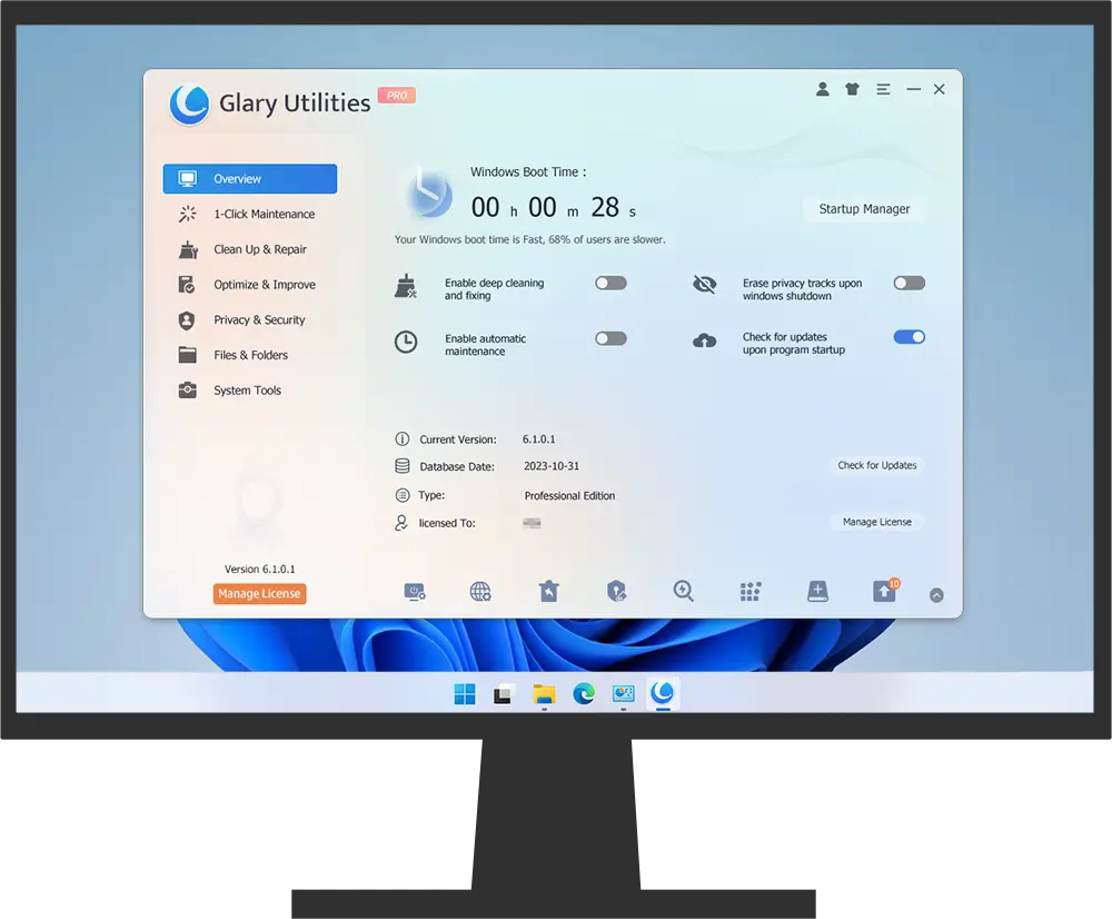 Glary Utilities software interface on Windows.