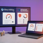 Desktop and laptop displaying software interfaces