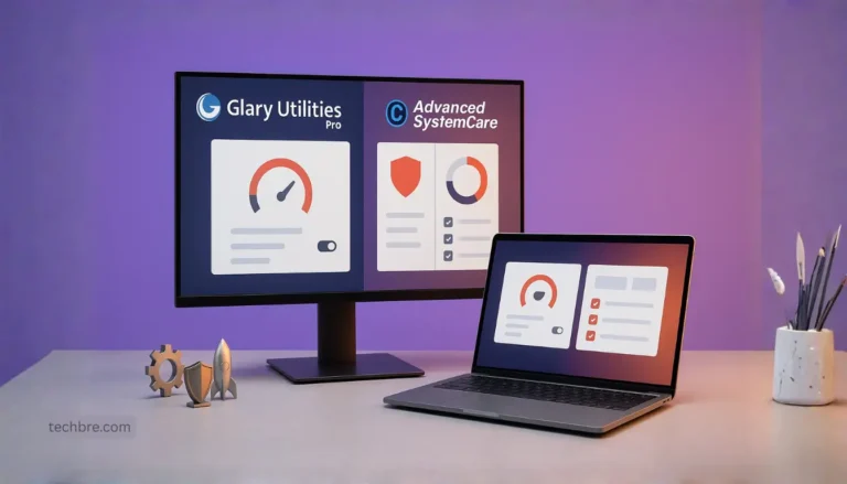 Desktop and laptop displaying software interfaces