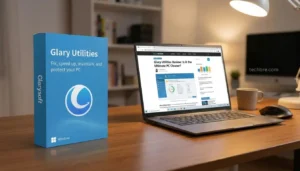 Glary Utilities software box and laptop review display.