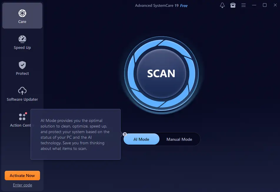 Advanced SystemCare 19 screen with scan options