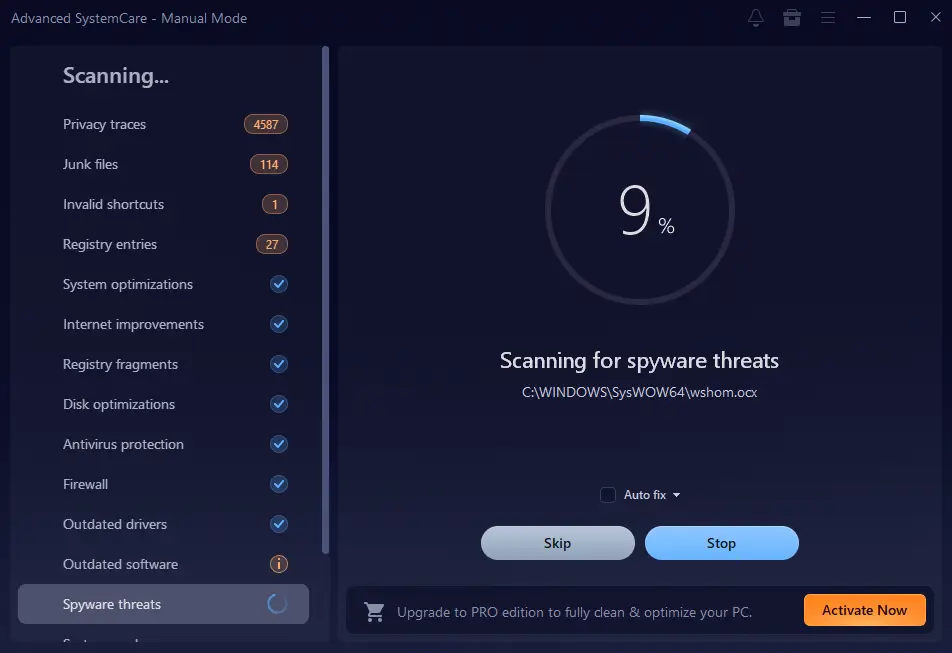 Advanced SystemCare scanning for spyware threats.