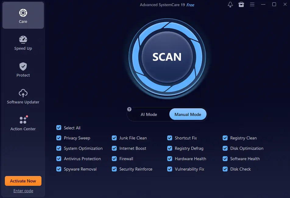 Advanced SystemCare interface with scan button.