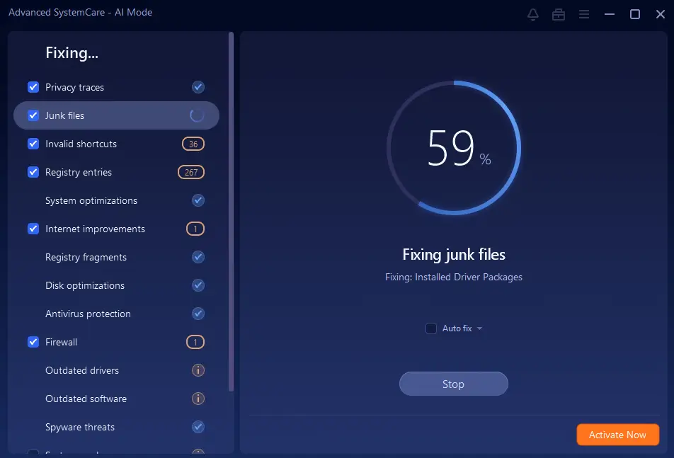 SystemCare software fixing junk files at 59% progress.
