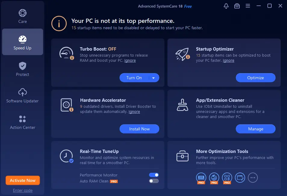 Advanced SystemCare dashboard for PC optimization.