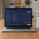Laptop displaying Advanced SystemCare software interface.