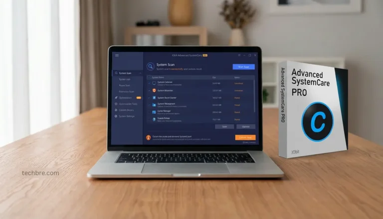 Laptop displaying Advanced SystemCare software interface.
