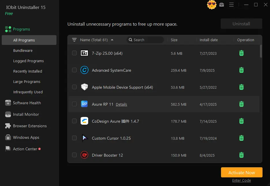 IObit Uninstaller interface showing installed programs list.