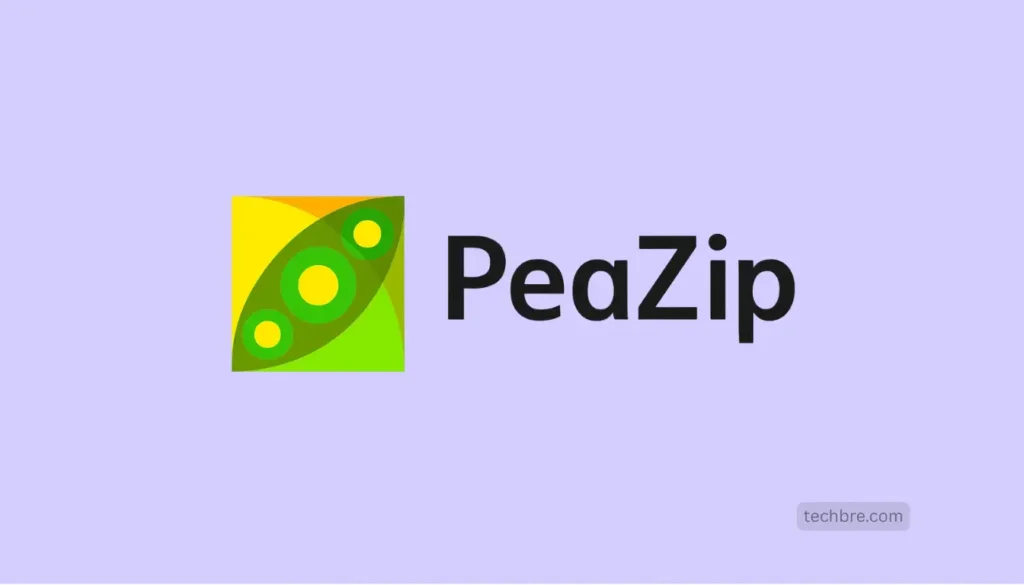 PeaZip logo with green pea design, purple background.