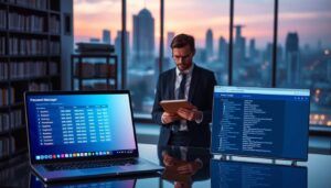 Man checks tablet near laptop with password manager